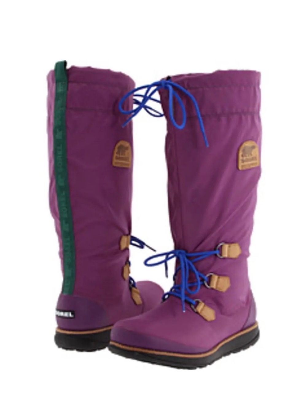 Sorel Purple Tall Lace-Up Winter snow Boots with Blue Laces and Green Trim